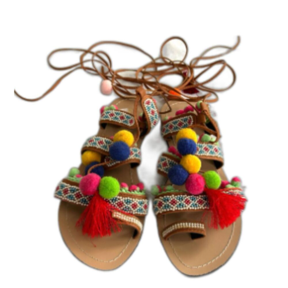 Chase and Chloe Bohemian Simone Pom Pom Boho Sandals Women's